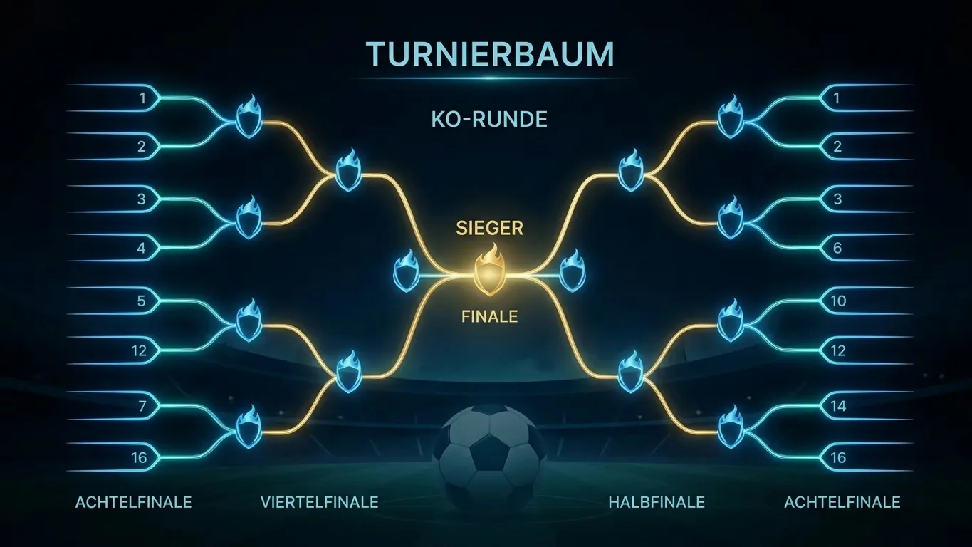 Turnierbaum-Grafik mit leuchtenden K.o.-Runden-Verbindungen