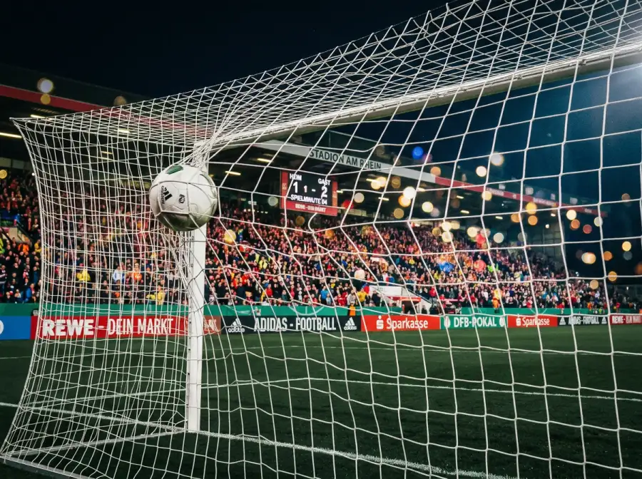 Fussballstürmer beim Torschuss auf ein WM-Tor mit Netz und Stadionrängen