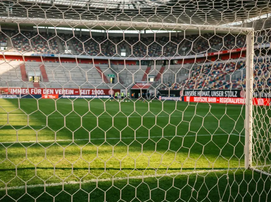 Nahaufnahme eines Fussballtornetz mit Stadionrasen und WM-Spielfeld im Hintergrund