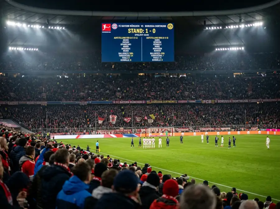 Grossbildschirm in einem Fussballstadion zeigt Spielstatistiken und Ergebnisse während eines WM-Spiels