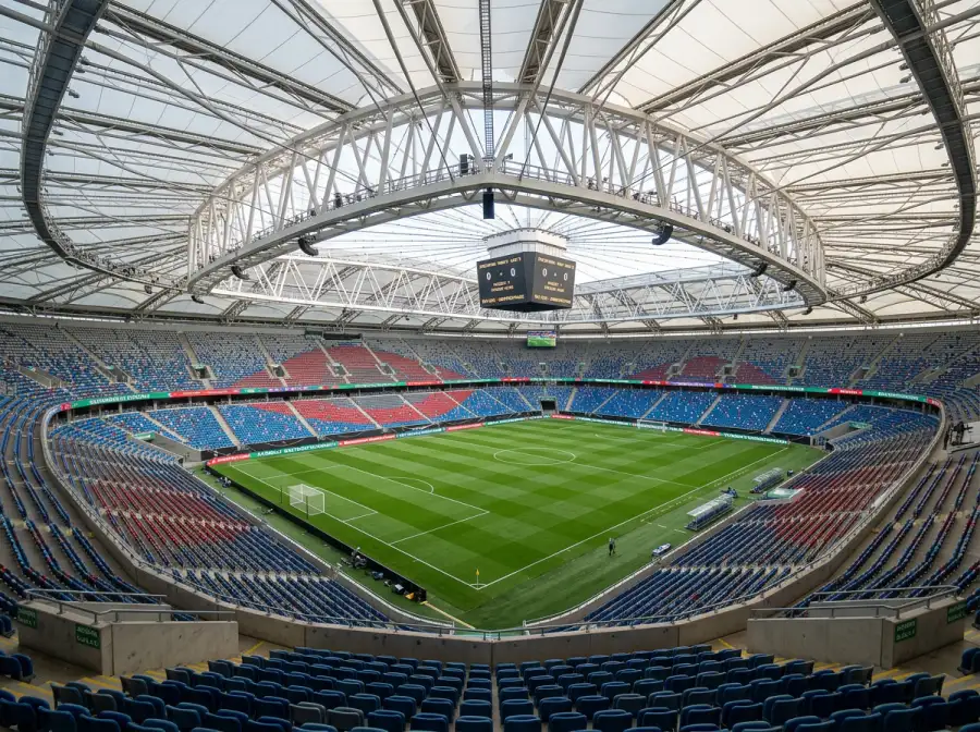 Innenansicht eines modernen amerikanischen Fussballstadions mit Rasenfeld und leeren Tribünen vor Spielbeginn