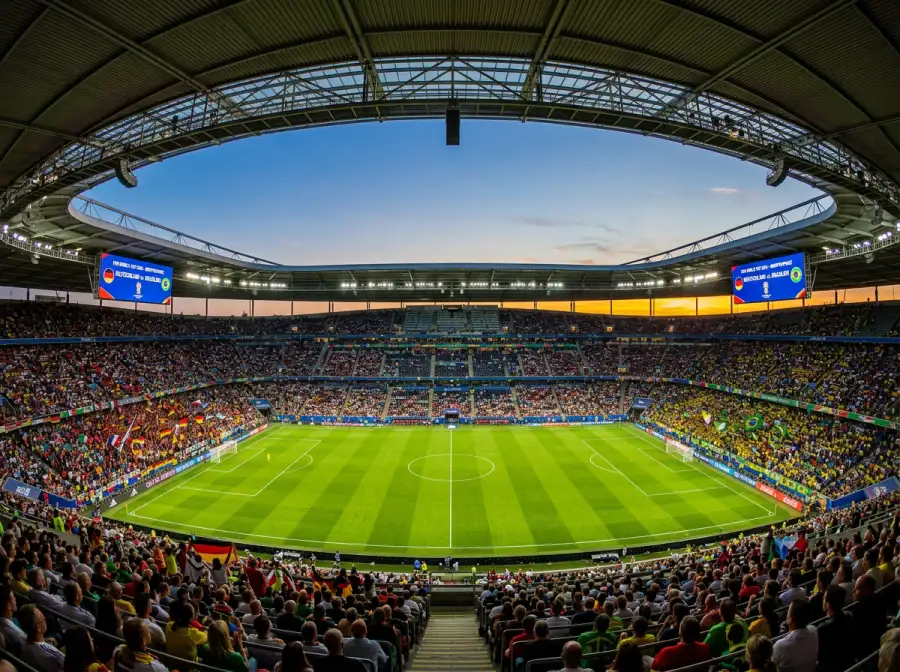 Panoramablick auf ein WM-2026-Stadion mit Fussballfeld und Zuschauern vor dem Anpfiff