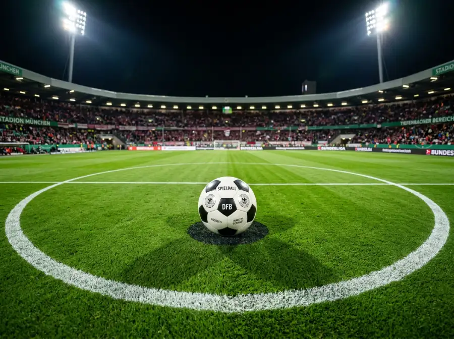 Fussball auf dem Mittelkreis eines WM-Stadionrasens mit Flutlichtbeleuchtung