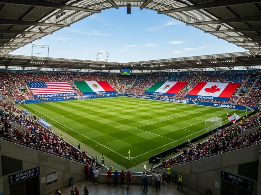 Karte mit den drei Gastgeberländern USA, Mexiko und Kanada und ihren WM-2026-Stadien