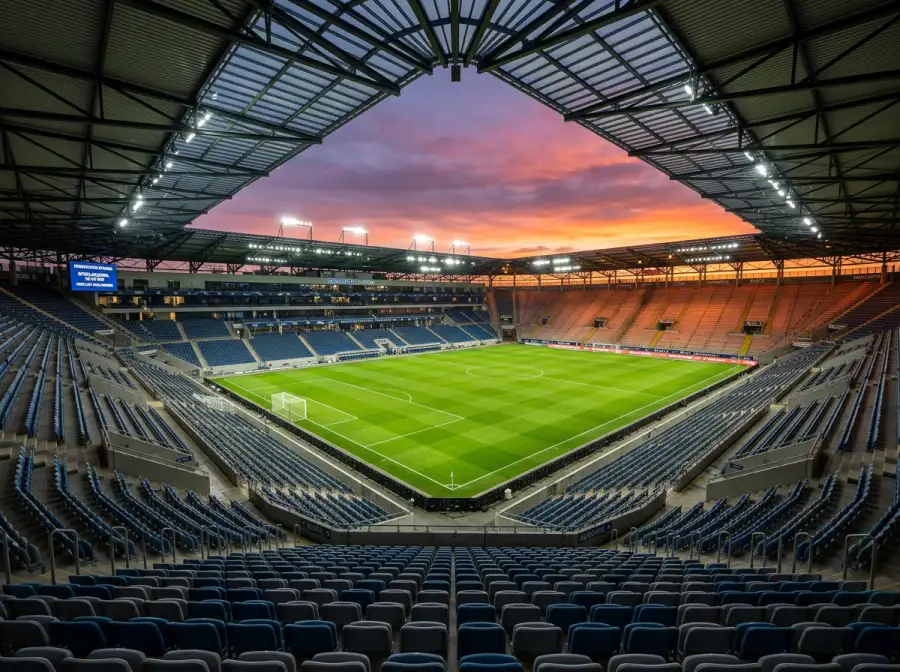 Fussballstadion bei Sonnenuntergang mit beleuchtetem Spielfeld vor einem WM-2026-Gruppenspiel