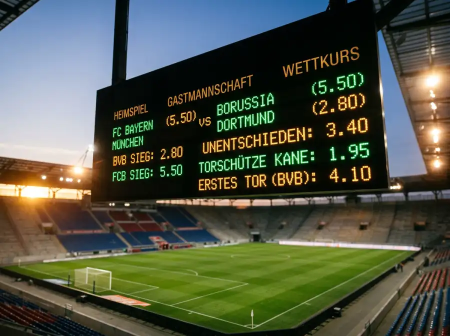 Fussballfeld mit Anzeigetafel und Wettquoten zur FIFA WM 2026