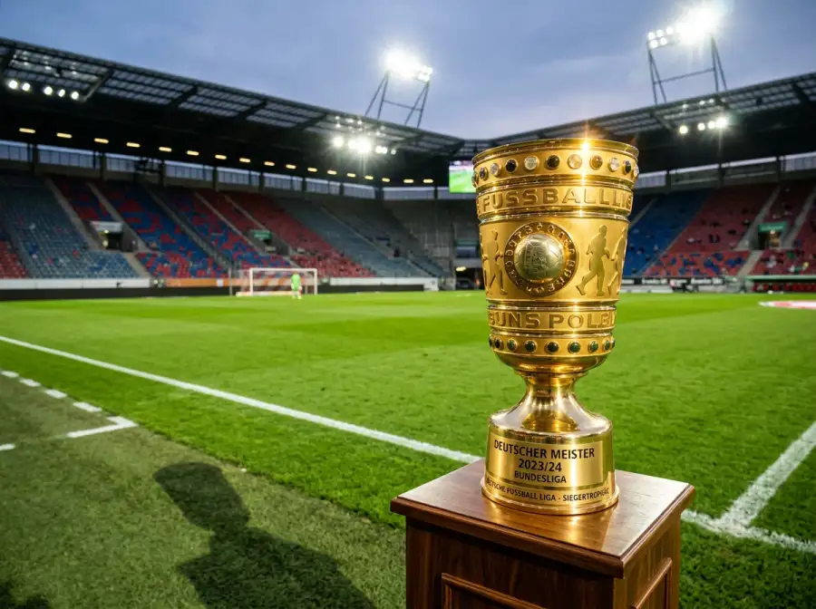 Fussball-Trophäe auf einem Podest in einem beleuchteten WM-Stadion mit Rasen